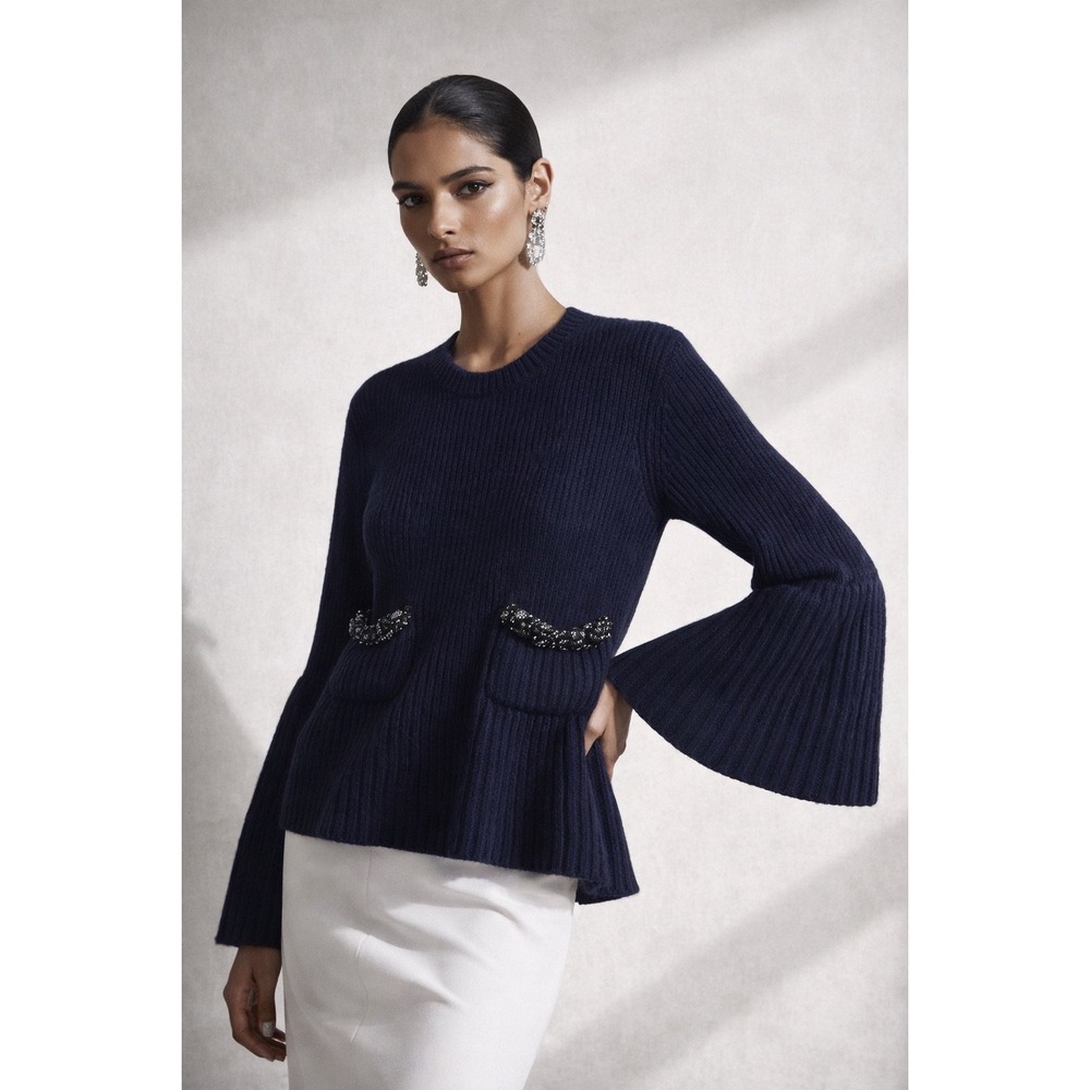 Vera Wang Wool Blend Beaded Pocket Ribbed Peplum Sweater Navy Blue Medium